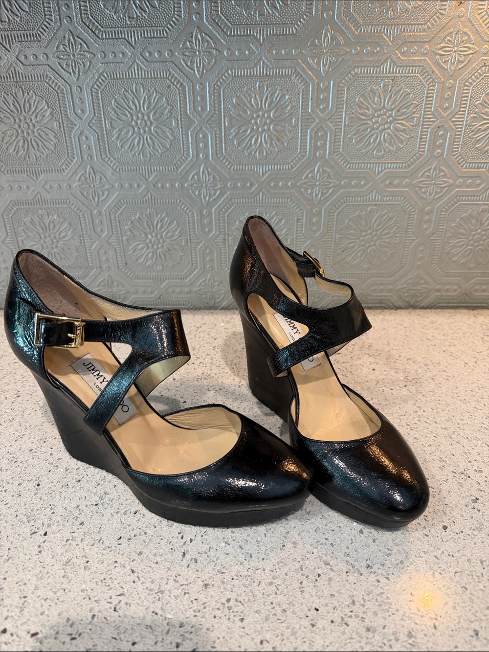 Jimmy Choo Patent black leather wedge heels strappy gold hardware size EU 38